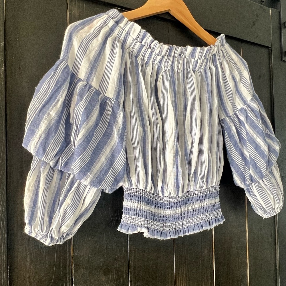 SUBOO blue and white striped off the shoulder top